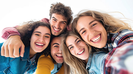 A group of friends taking a selfie together. Happy people taking picture together on white backgroundの素材
