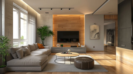 A living room with a couch, coffee table and television.の素材