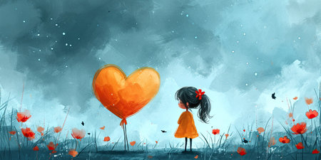 A painting of a girl holding a heart shaped balloon. Birthday greeting card design.の素材