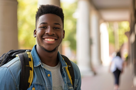 A young man with a backpack smiles at the camera. African college student portrait African college student portrait outdoors on blurred background of college grounds.の素材