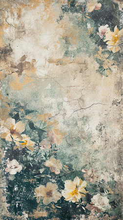 A painting of a bunch of flowers on a wall. Distressed cracked grunge green yellow floral background.の素材