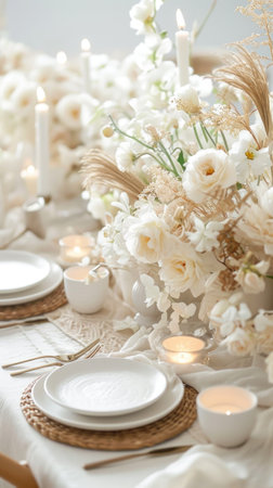 A table set with white flowers and candles.の素材