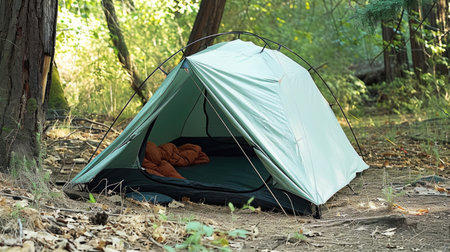 A tent is set up in the woods.の素材