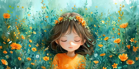 A painting of a little girl in a field of flowers.の素材