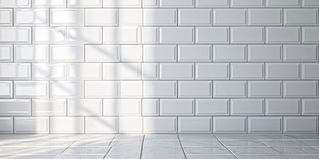 A white tiled room with a large window.の素材