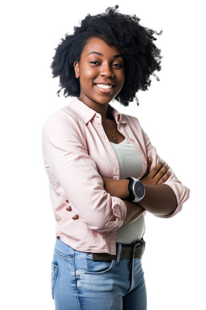 A woman in a pink shirt and jeans posing for a picture. African college student portrait on white background.の素材
