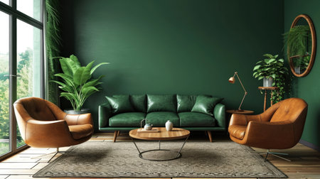 A living room with a green couch and two chairs.の素材