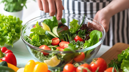 A person is preparing a salad in a bowl.の素材