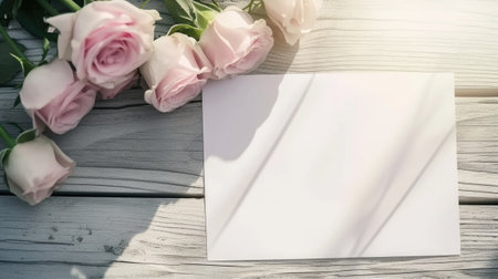 A bouquet of pink roses sitting on top of a wooden table. Copy-space on white paper page, sunlight with shadows, overhead shot.の素材