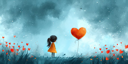 A painting of a girl holding a heart shaped balloon. Birthday greeting card design.の素材