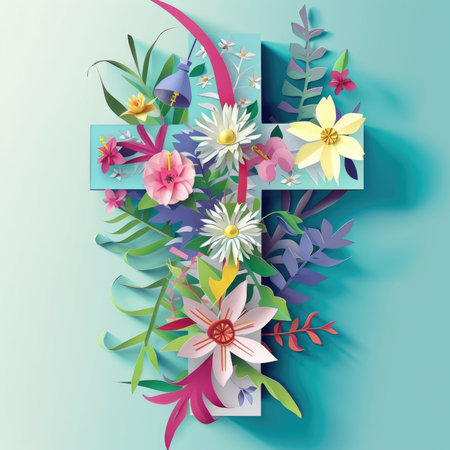 An Easter greeting card adorned with vibrant flowers and a delicate cross, perfect for conveying warm wishes and celebrating the joyous occasion. A cross made out of paper flowers and leaves.の素材