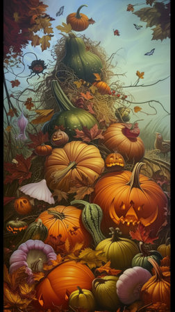 In a vibrant painting capturing the essence of a harvest festival, pumpkins and gourds are stacked high atop each other, exuding abundance and celebrating the bountiful harvest with vivid colors and festive charm.の素材