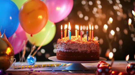 A birthday cake with lit candles on top of it.の素材