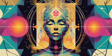 A celestial harmony emanates from the geometric background surrounding the serene female head, evoking a sense of meditation and inner peace in a captivating and spiritually enriching scene.の素材