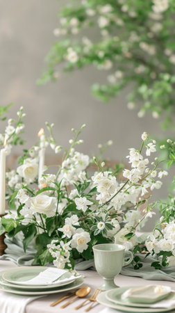 A table set with white flowers and candles.の素材