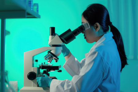 A woman in a lab coat looking through a microscope.の素材