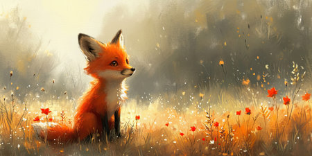 A painting of a fox sitting in a field of flowers, birthday greeting card design.の素材