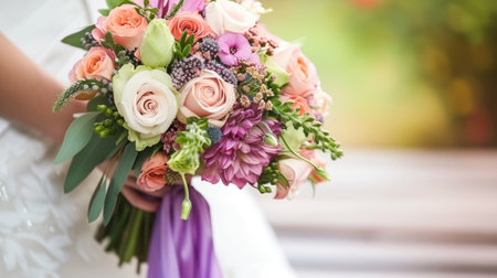 A bride holding a bouquet of flowers in her hand.の素材