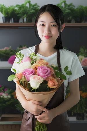 A woman holding a bunch of flowers in her hands. Asian florist, beautiful female worker with flower arrangement.の素材