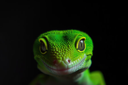 A close up of a green geckole on a black background.の素材