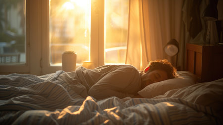 A woman laying in bed with her eyes closed.の素材