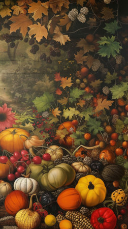 A painting of a bunch of pumpkins and gourds. Autumn Harvest festival illustration.の素材