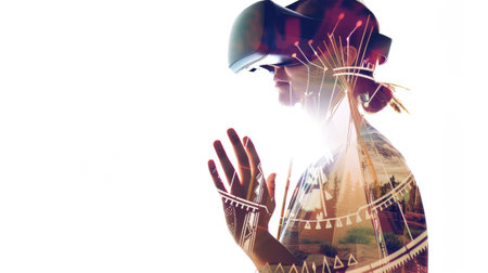 A woman wearing a virtual reality headset. Tribal design elements, tipi, native american virtual reality tour.の素材