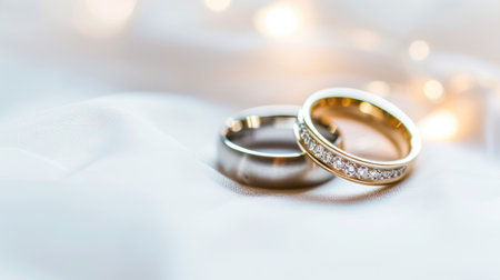 A couple of wedding rings sitting on top of a white cloth.の素材