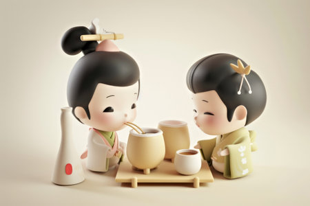 A couple of figurines sitting next to each other. Cute Japanese characters eating ramen.の素材