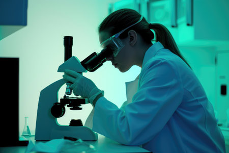 A woman in a lab coat looking through a microscope.の素材