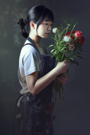 A woman holding a bunch of flowers in her hands.の素材