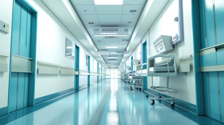 A hospital hallway with blue and white walls.の素材