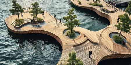 A group of people walking on a wooden walkway next to a body of water. Modern wooden waterfront concept, organic shapes, biodegradable materials, trees and benches.の素材