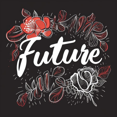 The word future surrounded by flowers and leaves. Trendy t-shirt design.の素材