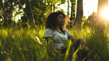 A woman sitting in a field of tall grass.の素材