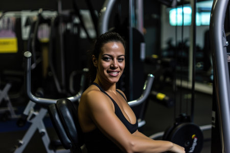 A woman sitting on a machine in a gym.の素材