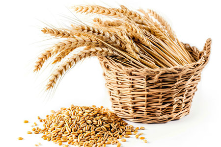 A basket filled with wheat next to a pile of grain. Clipart isolated on white backgroundの素材