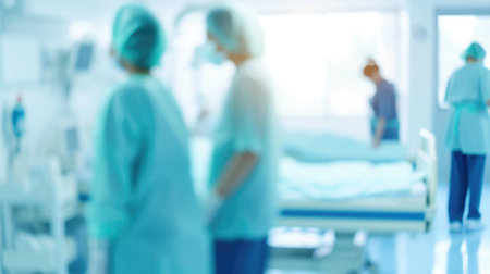 A group of doctors standing around a hospital bed. Blurred defocused blue, white and cyan medical background.の素材