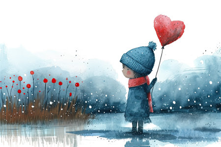 A painting of a little boy holding a heart shaped balloon.の素材