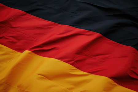 A red, yellow and black German flag laying on top of a bed.の素材