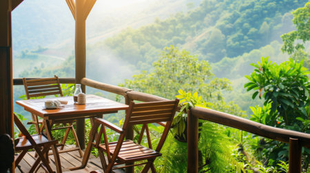 A table and chairs on a deck overlooking a valley.の素材