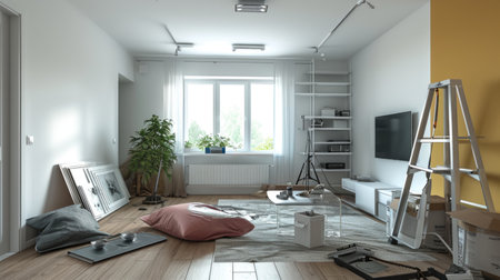 A living room filled with furniture and a flat screen tv. Home renovation.の素材