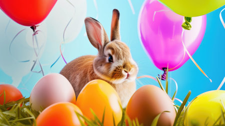 A rabbit sitting in the grass surrounded by balloons. Funny Easter greeting card.の素材
