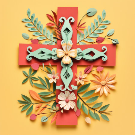 An Easter greeting card adorned with vibrant flowers and a delicate cross, perfect for conveying warm wishes and celebrating the joyous occasion. A cross made out of paper flowers and leaves.の素材