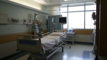 A hospital room with a bed and a television.の素材