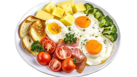 A white plate topped with eggs, bacon, tomatoes, cheese and broccoli.の素材