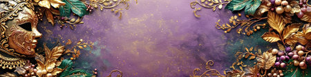A purple and gold background with grapes and leaves. Mardi Gras banner with copy-space.の素材