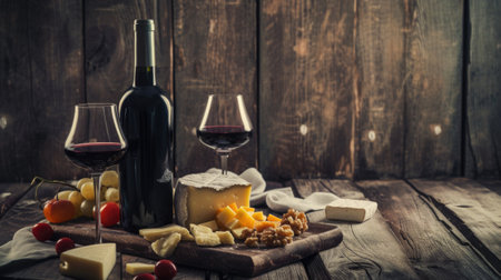 A bottle of wine and two glasses of wine on a wooden table.の素材