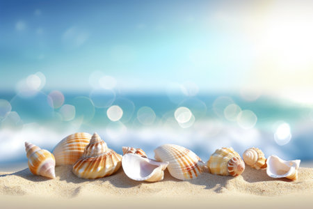 A group of seashells on a sandy beach.の素材