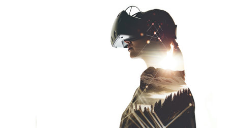 A man wearing a helmet and holding a cell phone. Tribal design elements, tipi, native american virtual reality tour.の素材